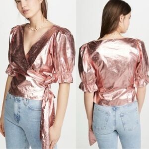 Cinq a Sept Foil Theo Top tea rose metallic pink Holiday Wrap Top sz S